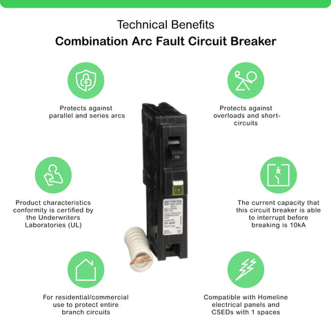 Homeline 15 Amp 1 Pole 120V CAFI CAFCI Circuit Breaker With Plug In Mount 10KA Breaking Capacity Pigtail Neutral Residential Use