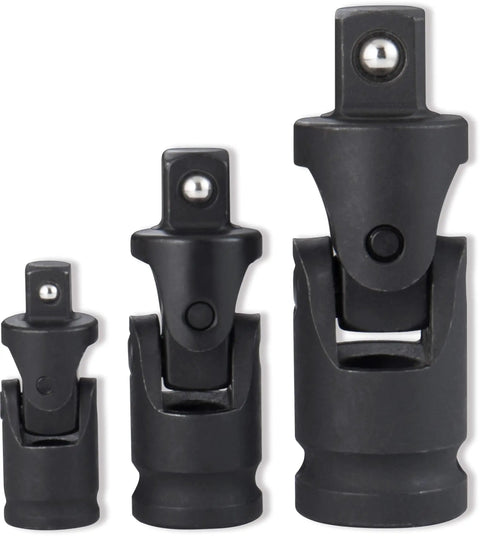 Impact Universal Joint Set, 3-Piece Cr-V, Heavy Duty Chrome Vanadium Steel With Black Phosphate Finish, Locks Onto Drive Tang And Socket, Durable, Easy Fit For Tough Automotive Jobs, Made In Taiwan. Front view of heavy-duty joints.