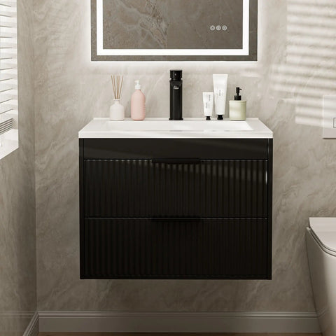 24 Inch Modern Mdf Bathroom Vanity With Sink Wall Mounted Floating Cabinet Featuring Smooth Glide Drawers And Matte Black Handles For A Top Shelf Bathroom Glow Up And Zero Clutter Setup