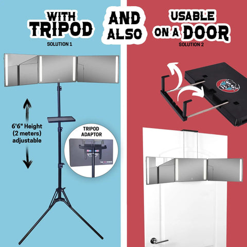 360 Self Grooming Mirror With Tripod And LED Lights, adjustable 6'6" for door or tripod use, crystal-clear glass