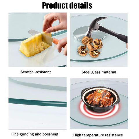 Collage of Built Tough Tempered Glass Lazy Susan Turntable showcasing scratch-resistant, steel glass, and high-temperature resistance