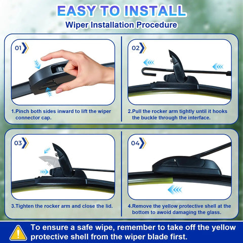 Wiper installation procedure for Premium 26 And 16 Inch Front Windshield Wiper Blades 2 Pack, showing steps and instructions.