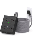 Hella Dependable 25 Ft Extension Cord With Flat Plug Surge Protector Power Strip, 12 outlets, connected to wall with slim design.
