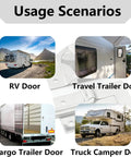 Usage scenarios for 6 Inch T Entry Latch Zinc Iron Trailer Door Retainer For RV with various doors shown.