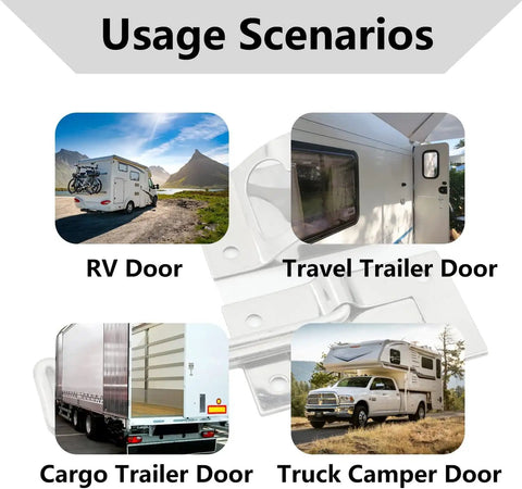 Usage scenarios for 6 Inch T Entry Latch Zinc Iron Trailer Door Retainer For RV with various doors shown.