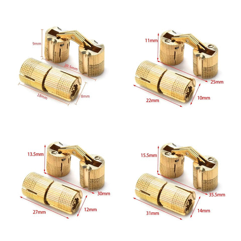 8-18mm Brass Barrel Concealed Cabinet Hinges For Cabinets And Small Furniture Doors, various dimensions shown