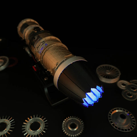 Kickass Metal Turbofan Engine Model Kit For Aviation Buffs 1 10 Scale Cutaway Aircraft Engine Display showcasing lit engine front.