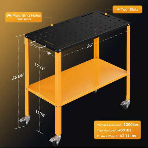 Heavy Duty 1200 Lb Welding Table With 36 By 18 Inch Cold Rolled Steel Top In A Black Oxide Finish, Locking Braking Casters, Built In Storage Tray, Four Tool Slots And Five Eighth Inch Fixture Holes For Garage Or Workshop Use