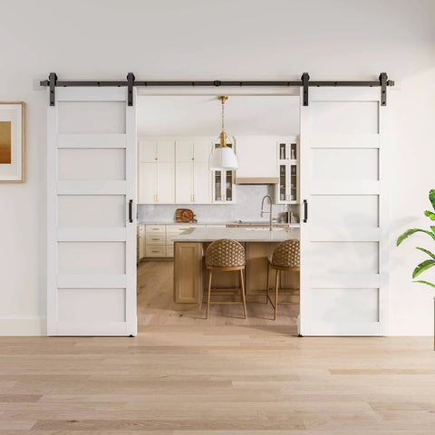 Solid Wood Paneled Double Sliding Barn Door System With Hardware Kit Set includes two forty inch doors as room divider