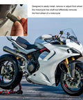 Beefy Heavy Duty Motorcycle Front Axle Tool Kit With 17 19 22 24mm Hex Adapters shown near a white sport bike front axle.