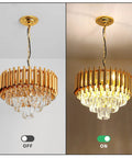 Gold Finish Modern Luxury Crystal Pendant Light Chandelier, Round Flush Mount, shown off and on with glass prisms, no bulbs