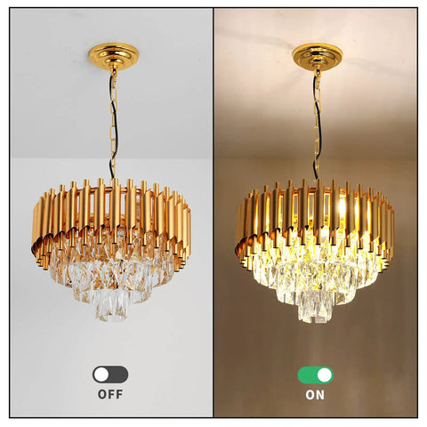 Gold Finish Modern Luxury Crystal Pendant Light Chandelier, Round Flush Mount, shown off and on with glass prisms, no bulbs