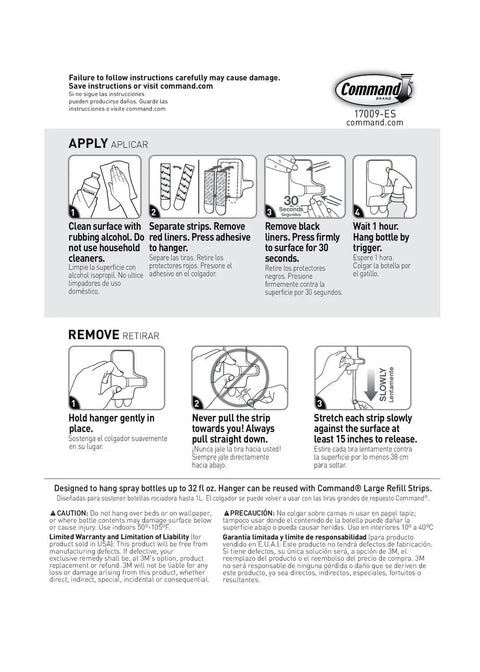 Instruction sheet for Spray Bottle Hangers Set With Two Mounts And Four Strips Holds Up To 32 Fl Oz Damage Free Wall Mount