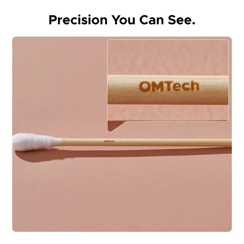 Top Tier 50W CO2 RF Laser Engraver And Cutter For Desktop Use With Lightburn Support engraving of OMTech on bamboo stick.