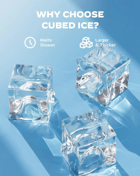 Crystal clear ice cubes, emphasizing slower melting, from Countertop Ice Maker That Cranks Out 44 Lbs A Day With Dual Water Inlets.
