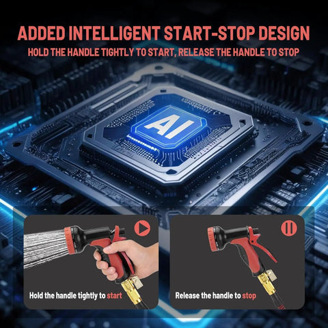 AI chip with intelligent start-stop design for water pump handle, featuring instructions for starting and stopping water flow.