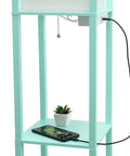Aqua Floor Lamp Etagere Organizer With Three Shelves And Linen Shade Built In USB Ports And Outlet Under Shade