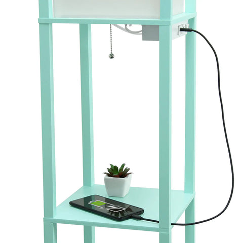 Aqua Floor Lamp Etagere Organizer With Three Shelves And Linen Shade Built In USB Ports And Outlet Under Shade