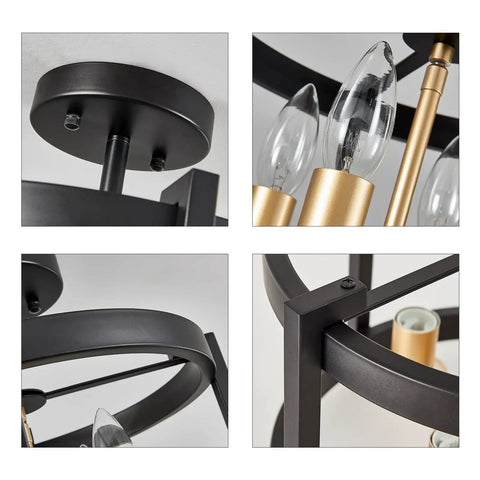Detailed view of 4 Light Dope Semi Flush Mount Ceiling Light Fixture In Black And Gold Farmhouse Rustic Vintage Style