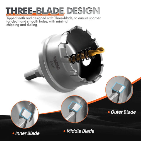 Carbide hole saw kit for metal with three-blade design; tungsten carbide tips; 16‑piece set for 5/8–2-1/4 in holes.