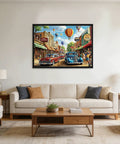Vintage Main Street Jigsaw Puzzle For Adults With Classic Cars And Hot Air Balloons, Nostalgic Retro Streetscape, framed on wall