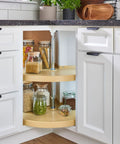 Two-Tier Pie-Cut Lazy Susan for Corner Base Cabinets 28-Inch Plastic Swivel Organizer for Spices Cans in Almond installed
