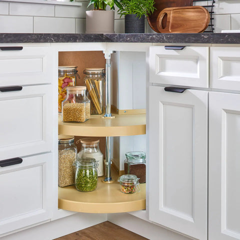 Two-Tier Pie-Cut Lazy Susan for Corner Base Cabinets 28-Inch Plastic Swivel Organizer for Spices Cans in Almond installed