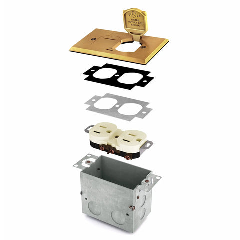 Exploded view of 20A Tamper-Resistant Receptacle Floor Box with Flip Lid and Brass Cover, components displayed separately