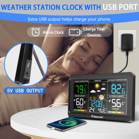 All-in-One Wireless Indoor Outdoor Weather Station With 7.5 Inch VA Color Display on a table showing temperature and humidity