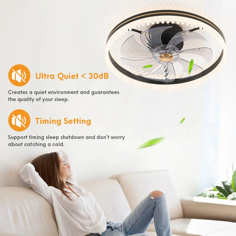 Dope Bladeless 20 Inch Indoor Flush Mount Ceiling Fan With Lights And Remote App Control in a cozy bedroom setting