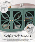 Crystal Adhesive Cabinet Knobs Four Pack Amber K9 Crystal Pulls on green cabinet with decorative paneling.