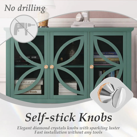 Crystal Adhesive Cabinet Knobs Four Pack Amber K9 Crystal Pulls on green cabinet with decorative paneling.