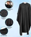 Black hair salon cape with waterproof fabric and tight stitching design, shown with details in circular close-ups.