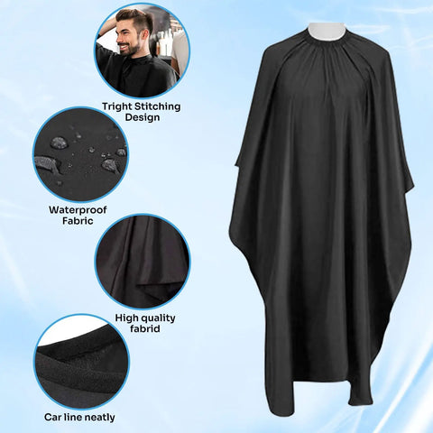Black hair salon cape with waterproof fabric and tight stitching design, shown with details in circular close-ups.