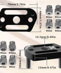 Self Centering Woodworking Drill Guide with eight interchangeable inserts, 3 to 10mm, shown with dimensions, on beige background.