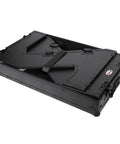 Hardcore Portable Compact Flight Case Table Built For Mobile DJs And Gig Crews Featuring Tough Handles Easy Glide Wheels Glossy Black Top Red TSA Lock Kit, folded flat for transport.