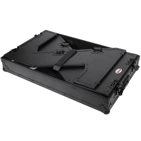 Hardcore Portable Compact Flight Case Table Built For Mobile DJs And Gig Crews Featuring Tough Handles Easy Glide Wheels Glossy Black Top Red TSA Lock Kit, folded flat for transport.