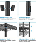 Instructions for assembling the Beefy Five Tier Metal Storage Rack With Adjustable Shelves, 400Lb Total Load, showing clip and shelf details.