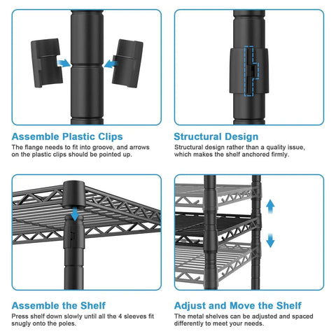 Instructions for assembling the Beefy Five Tier Metal Storage Rack With Adjustable Shelves, 400Lb Total Load, showing clip and shelf details.