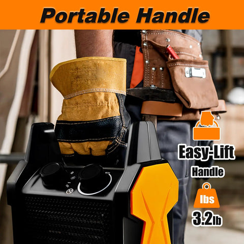 Person holding 1500W Outdoor Patio Garage Heater Portable Electric Space Heater with handle, safety features visible.