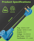 Nema 6-50P To 14-50R EV Charger Adapter Cord specifications, 12-inch, 50 Amp, blue plug with a secure grip design.