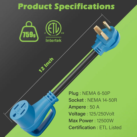 Nema 6-50P To 14-50R EV Charger Adapter Cord specifications, 12-inch, 50 Amp, blue plug with a secure grip design.
