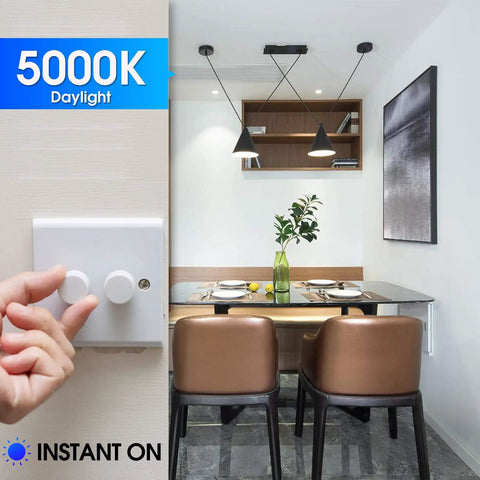 Hand adjusting dimmer for Dimmable A19 LED Bulbs 9.8W Daylight 5000K in modern dining room, Energy Star UL listed.