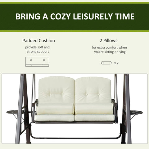 Two Person Patio Swing Bench With Adjustable Shade Canopy Cushions Throw Pillows And Tray Beige Outdoor Seating display