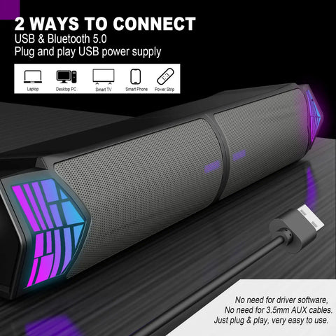 Desktop Gaming Monitor Speakers With Lit RGB Lights Bluetooth Soundbar 2 In 1 USB Powered Split Or Combine Freely For Crystal Clear PC Audio Immersive Game Sound Easy Setup displayed on desk with USB cable