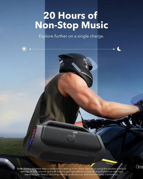 Man on motorcycle holding Boom 2 Plus Portable Speaker With 140W BassUp 2.0, 20 Hour Playtime, Fast Charge, IPX7 Waterproof