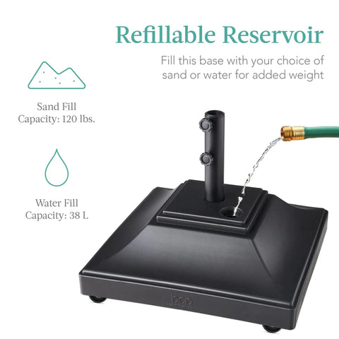 Fillable Mobile Umbrella Base With Four Wheels And Locks Beefy Heavy Duty Square Stand For Patio And Deck 120lb Capacity Sand