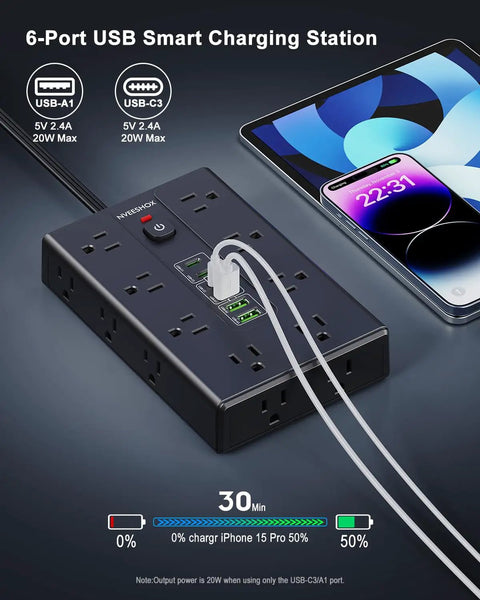 Heavy Duty 16 Outlet Surge Protector Power Strip With Six USB Ports Including USB-C And USB-A 6.5 Foot Flat Plug Extension Cord Overload Protection Ideal Home Office Charging Station For Desktops And Gadgets