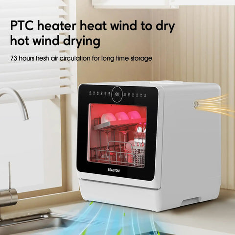Compact Countertop Dishwasher With Six Place Settings Ten Preprogrammed Cycles And Baby Care Mode Hot Air Drying in a modern kitchen.