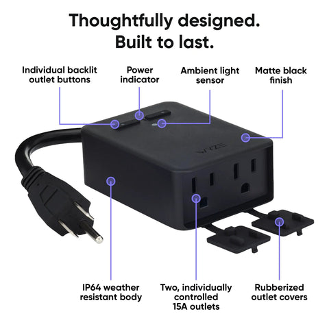 Outdoor Smart Plug With Dual Outlets And Energy Monitoring, Weatherproof IP64, 2.4GHz WiFi, No Hub Needed, black and rubber covers